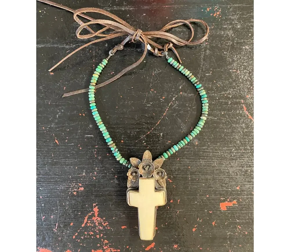 southwestern style silver floral and bone cross necklace, turquoise beads, boho